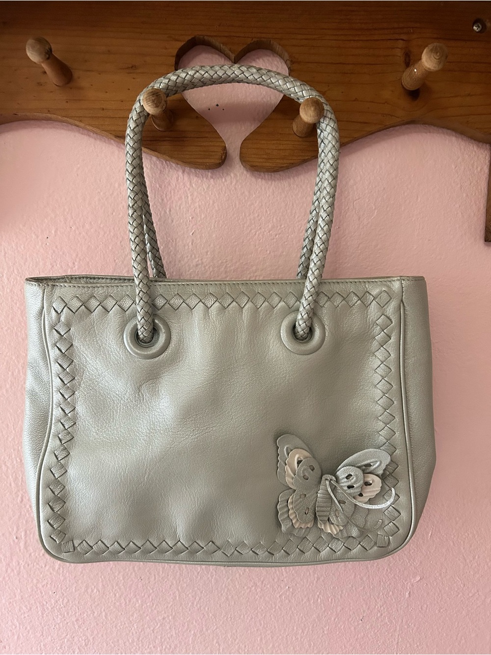 🔥 Rare Y2K Vintage Via Spiga Metallic Leather Butterfly Satchel - PRISTINE!